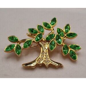Vintage Barbara Mandrell Tree Of Life Brooch/Pin 1.5 X 2" Green & Clear Crystals